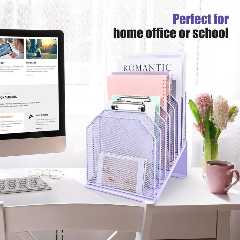 SUMMORE Inclined File Organizer for Desk, 7-Tier Vertical File Folder Holder Office Desk Organizer Metal Rack File Wire Mesh Desktop Document Sorter for Office School Classroom Home (Purple) - Image 2